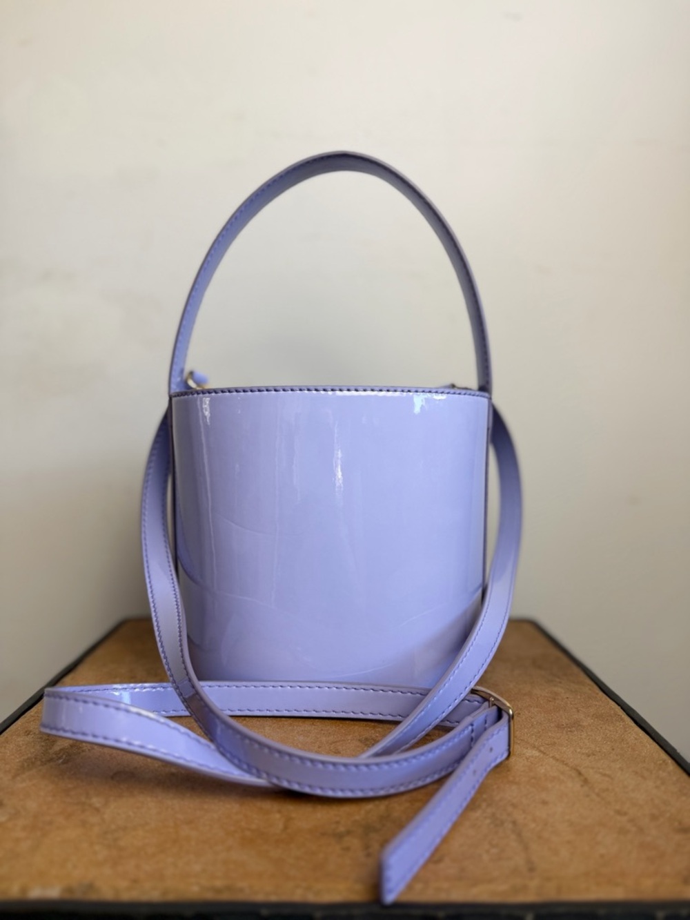 STAUD Lilac Patent Mini Bucket Bag with Top Handle and Crossbody Strap